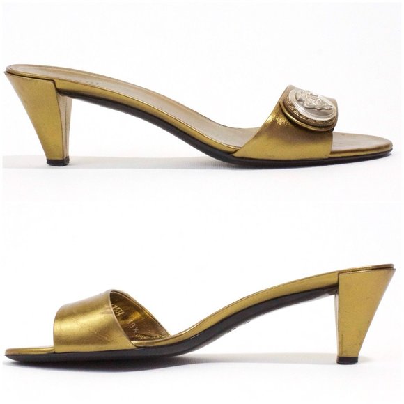 GUCCI HYSTERIA Golden Bronze Heels Logo Crest Slip In Sandals Slides Size 37.5 - Picture 5 of 8